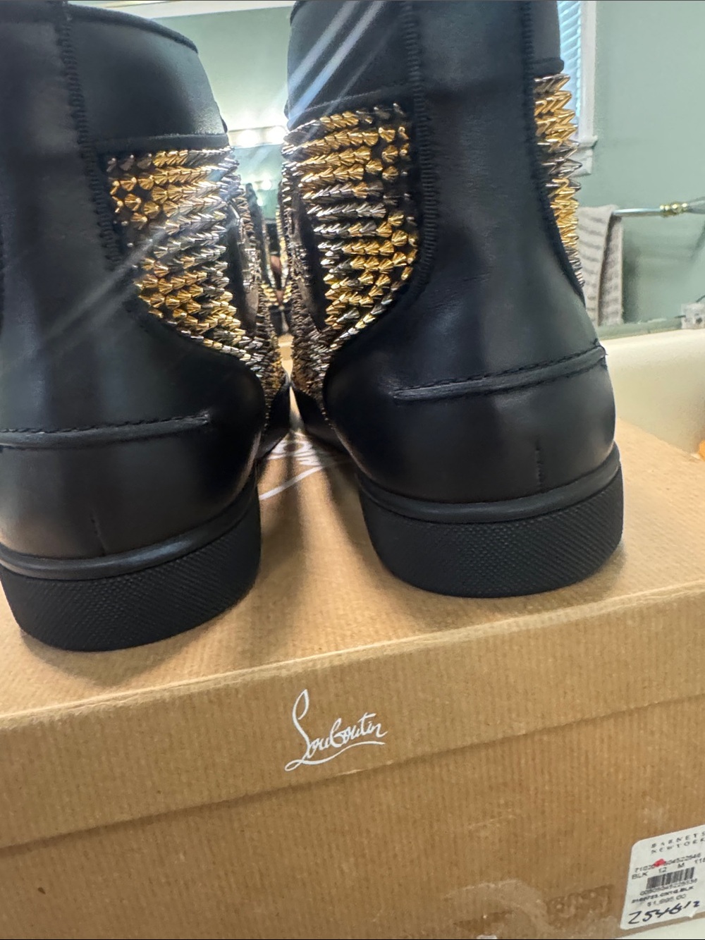 Christian Louboutin Black and Gold Spike-Embellished High-Top Sneakers - Picture 10 of 13